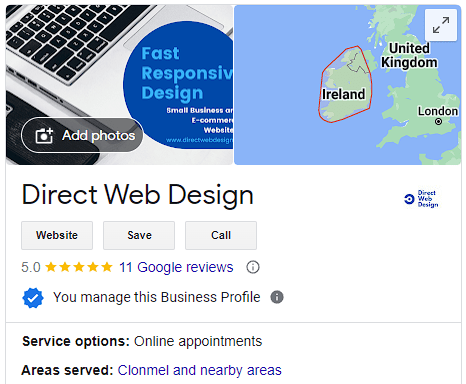 Google Business profile home page of clonmel business