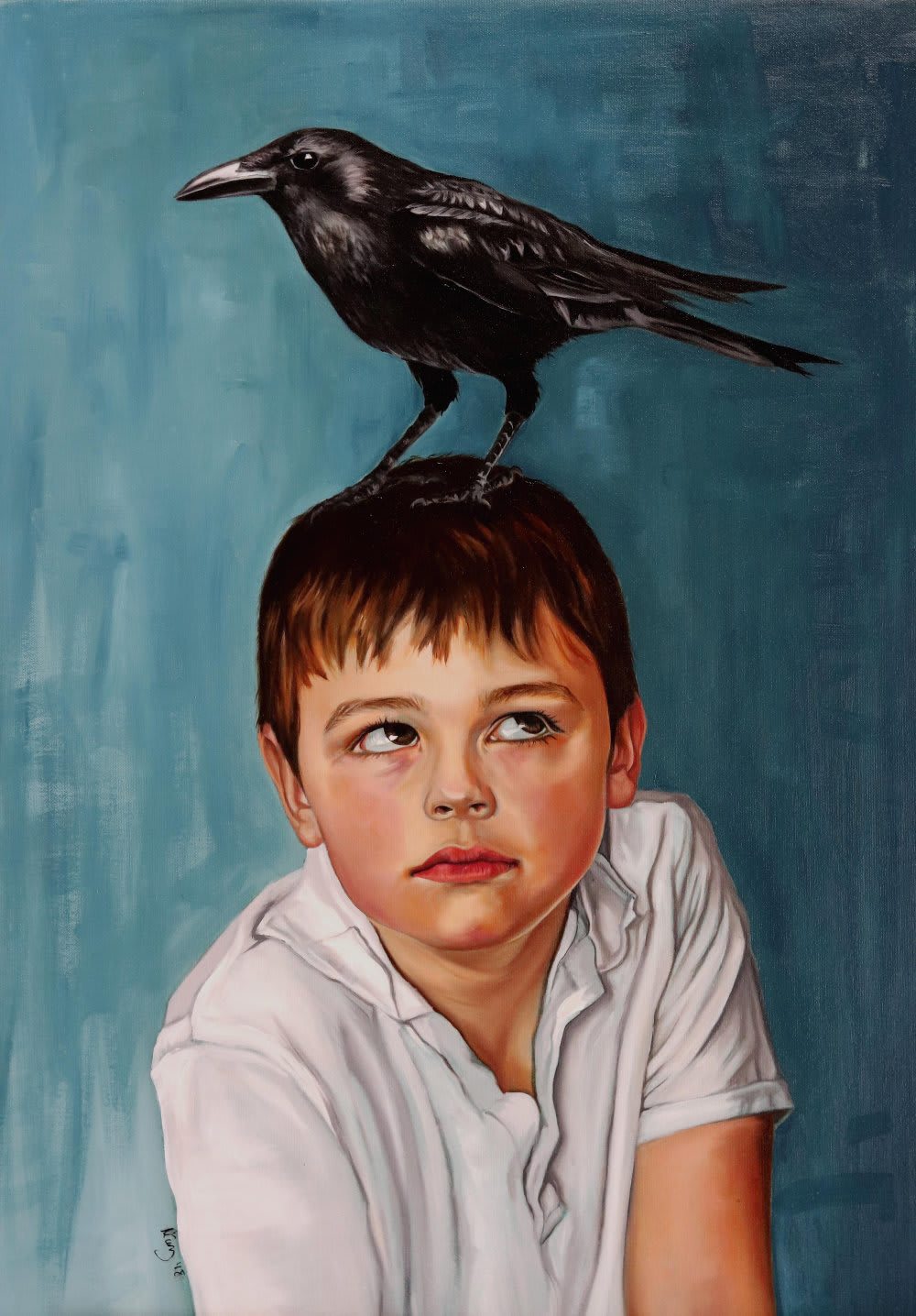 Painting of a young boy with a crow on his head