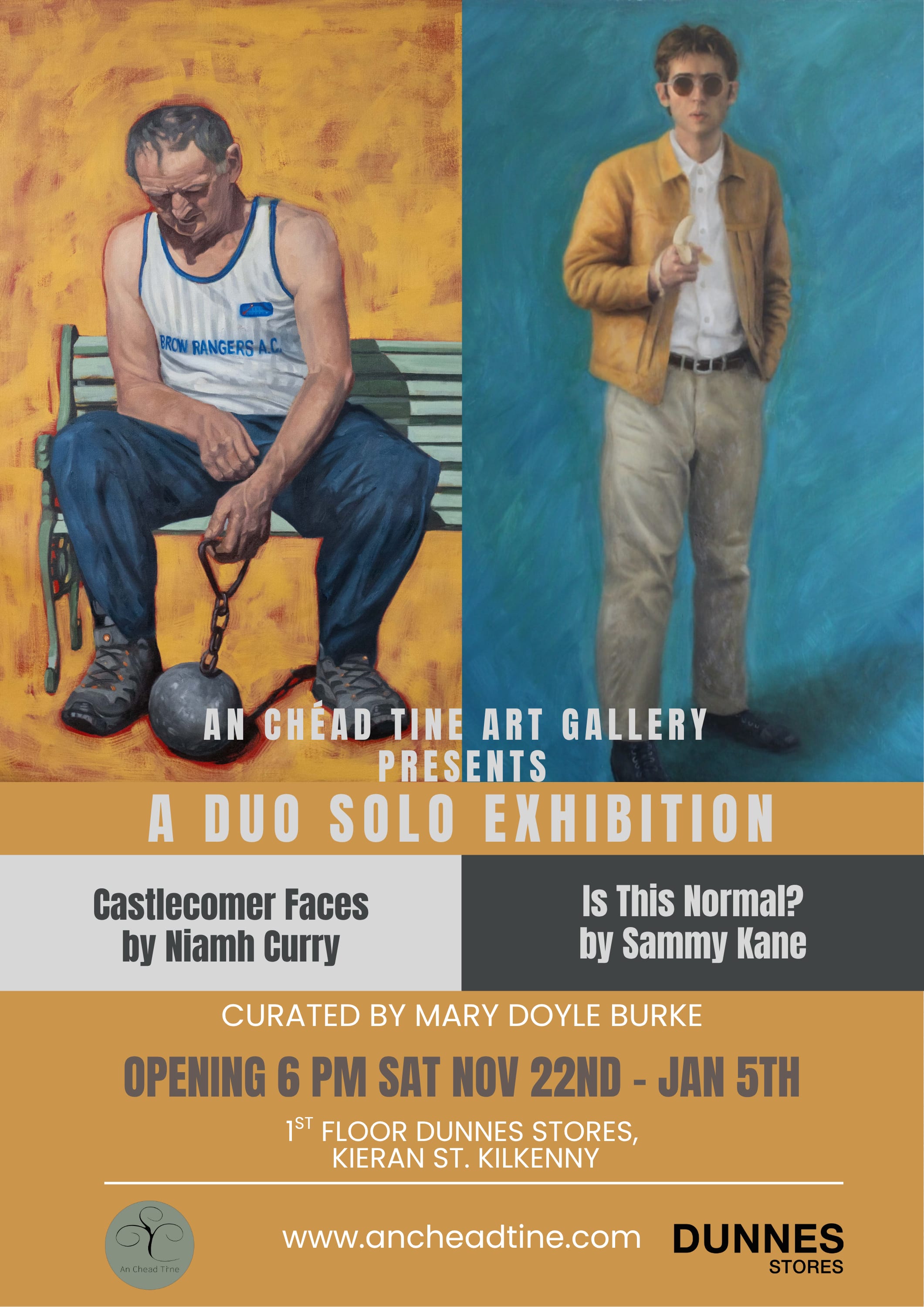 Poster with two paintings. Image number one is of a man sitting on a bench holding a half hundred weight used for weight throwing. Image number two is of a young man standing, wearing sun glasses and holding a banana