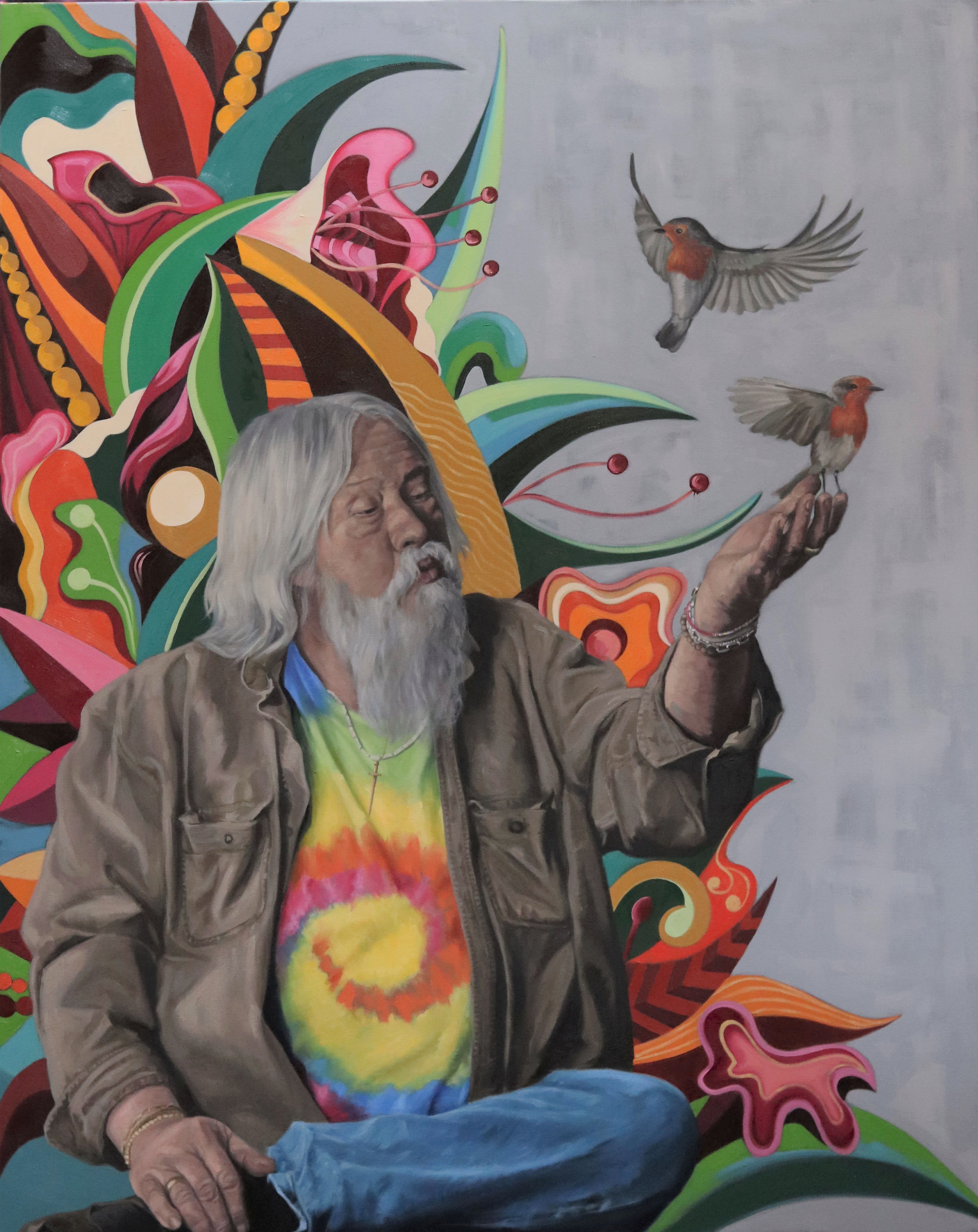 Oil painting of Dani with birds