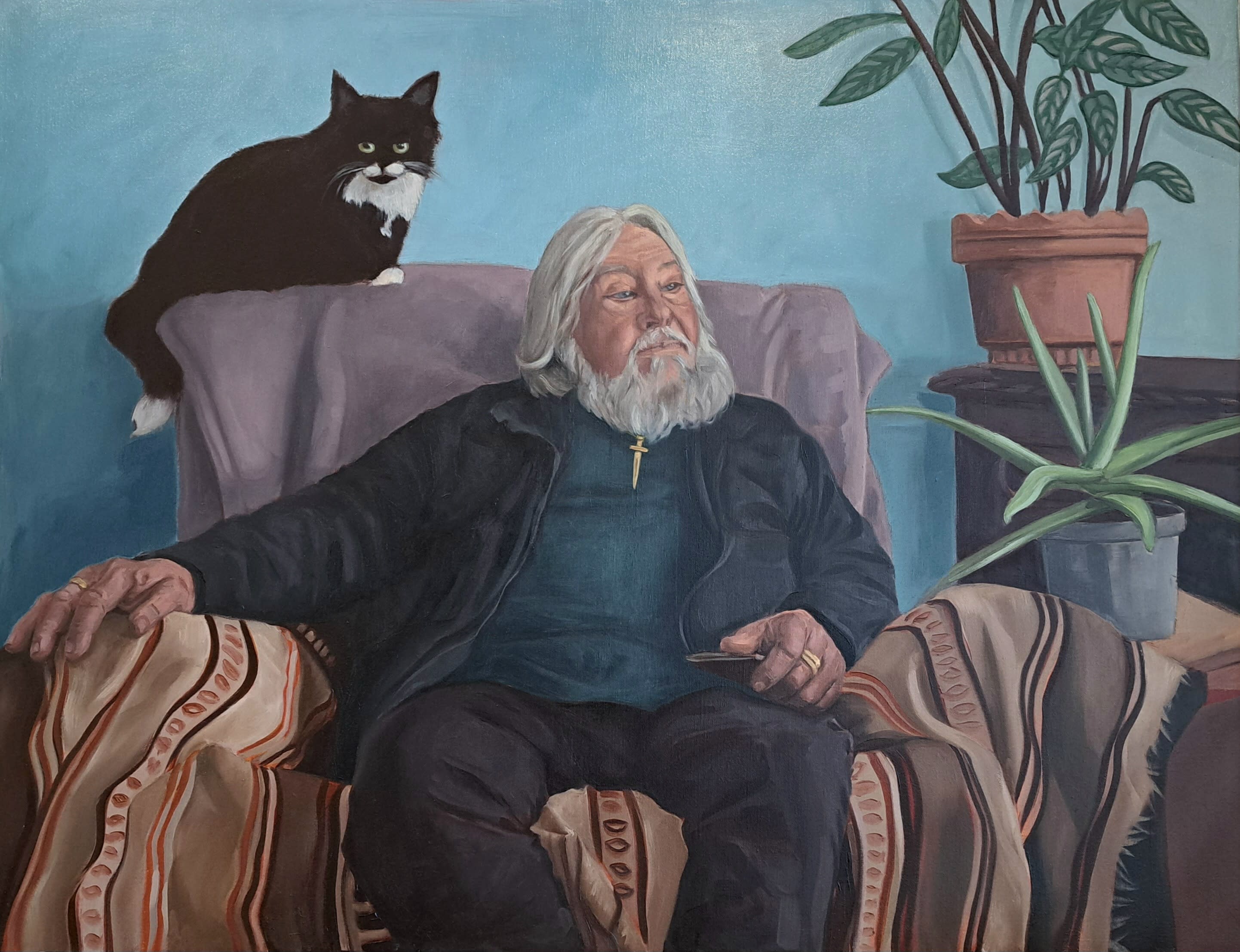 oil portrait of a man holding a hammer throw