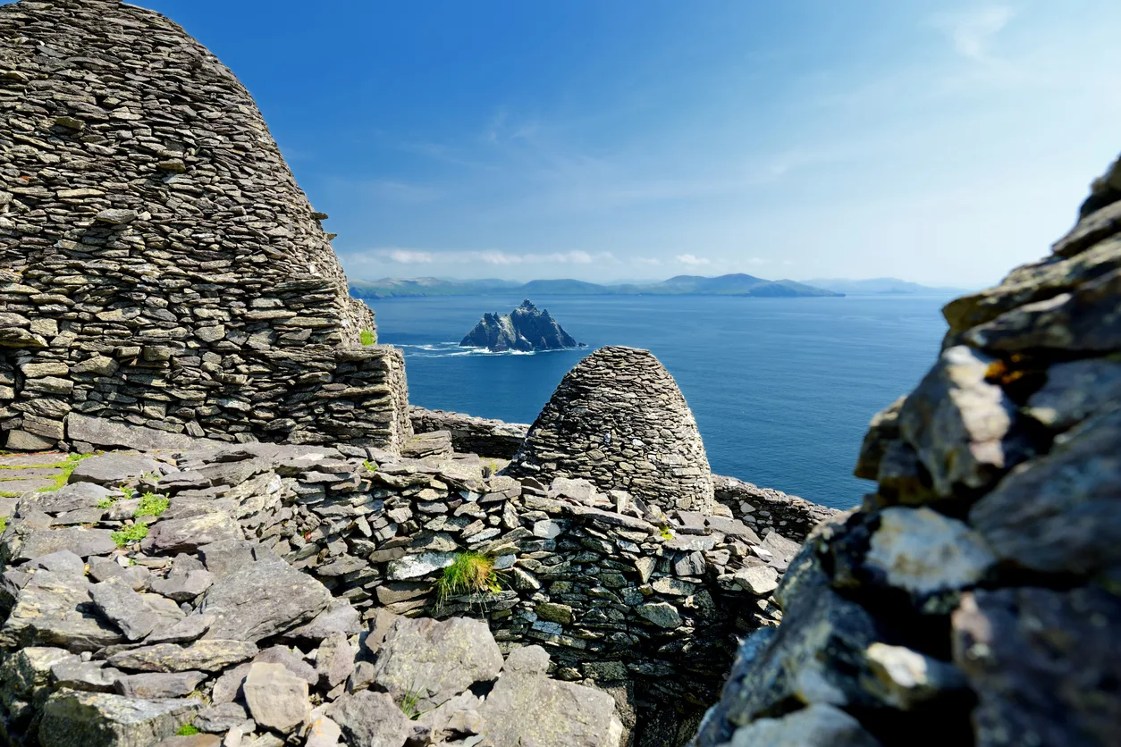 Skellig Michael or Great Skellig, home to the ruined remains of a Christian monastery. Inhabited by variety of seabirds, including gannets and puffins. UNESCO World Heritage Site, Ireland.