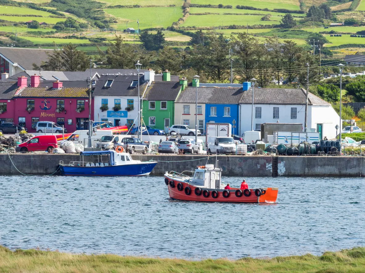 Portmagee, Ireland - August 12, 2019: A view of Portmagee, from Valentia Island in County Kerry in Ireland.