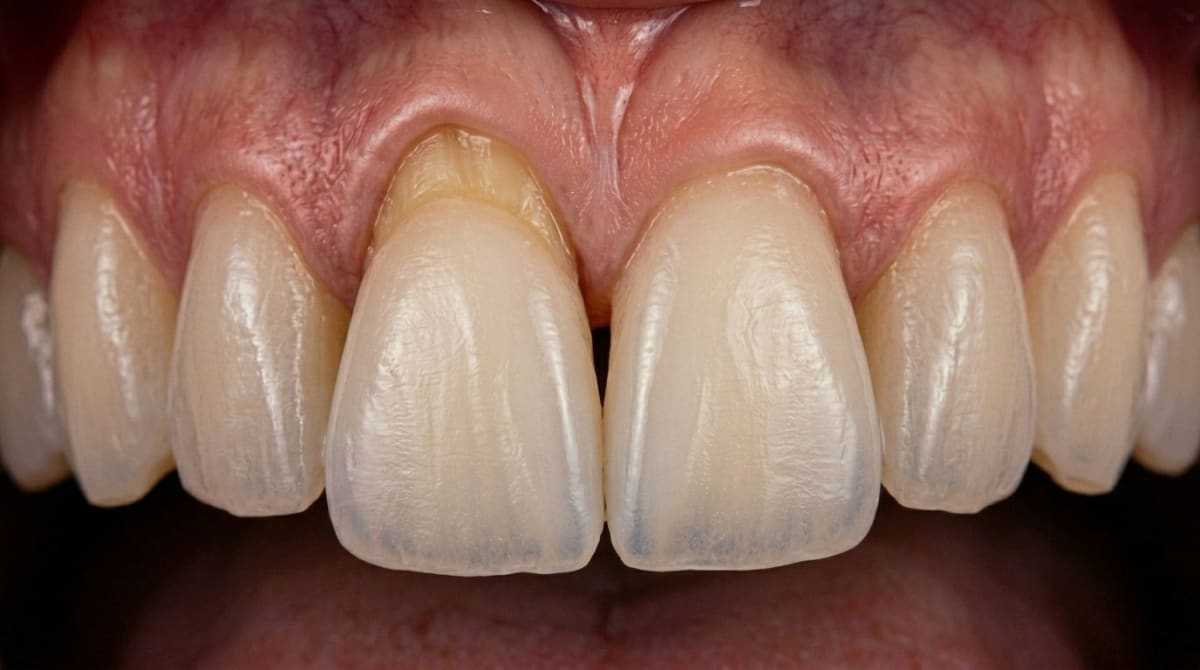 Close-up of upper front teeth showing gum recession exposing the tooth necks near the gumline