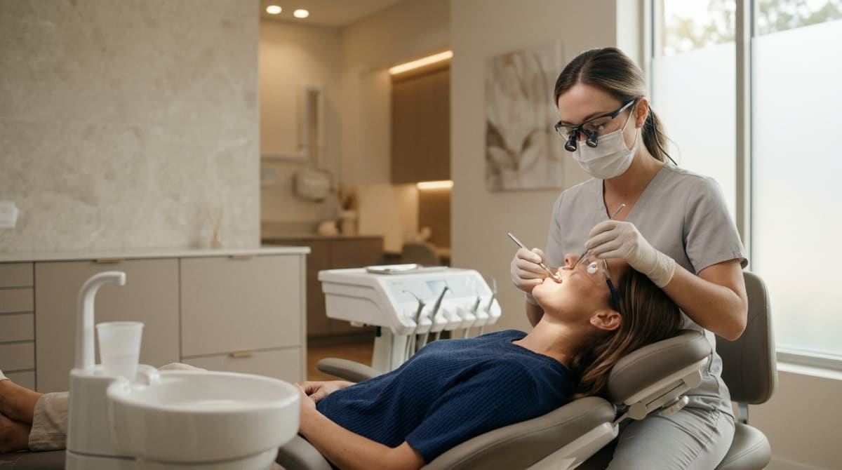 Dentist treating a patient reclined in the dental chair at ArtSmiles Cosmetic Dentistry