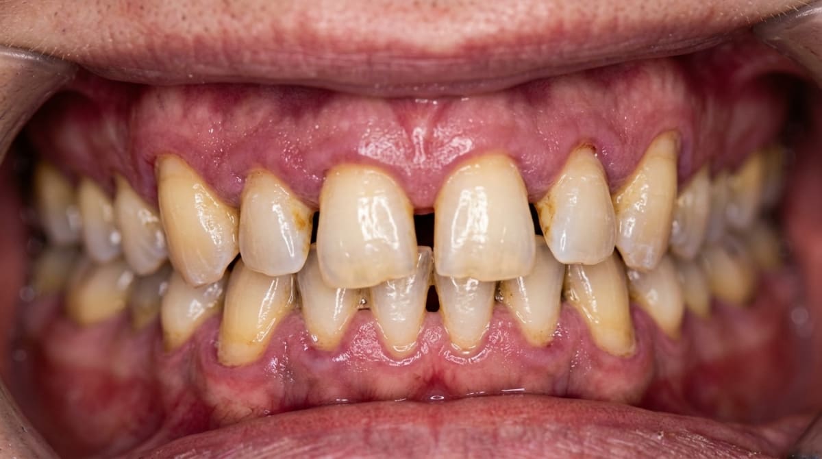 Image of a mouth with teeth moving due to brinding and gum disease.