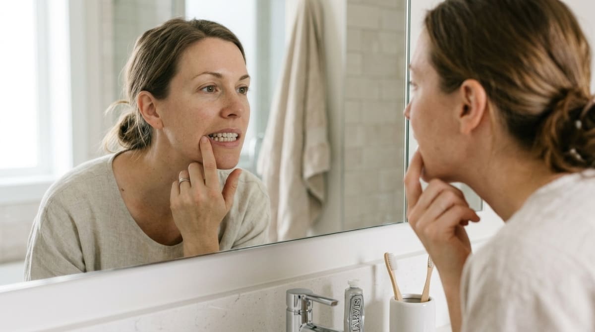 Woman inspecting her mouth in front of the mirror, searching for dental problems.