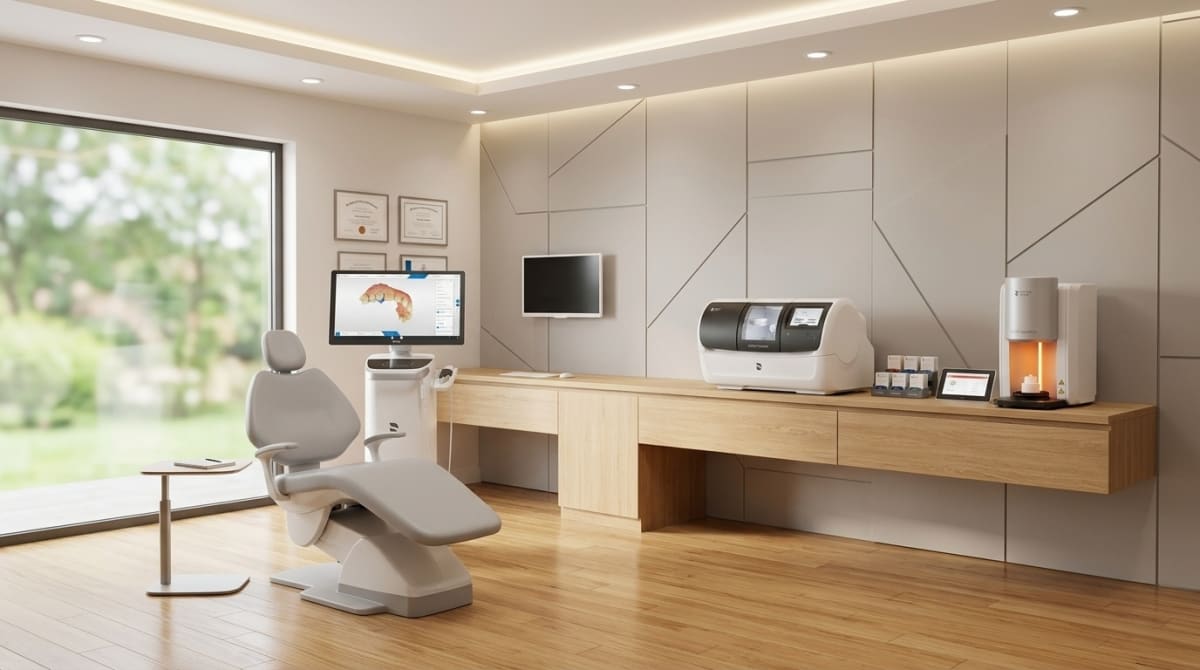 Modern dental treatment room with a dental chair and digital imaging equipment