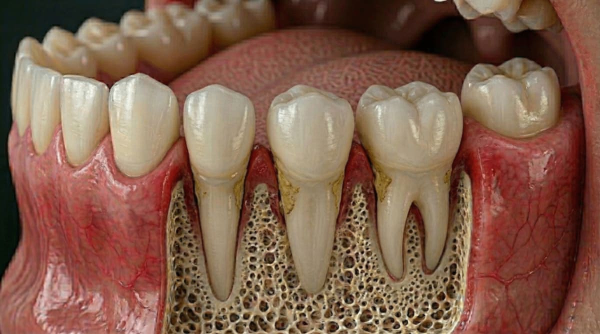 Clinical photo of advanced gum disease with severe gum recession and bone loss visible on the lower teeth.