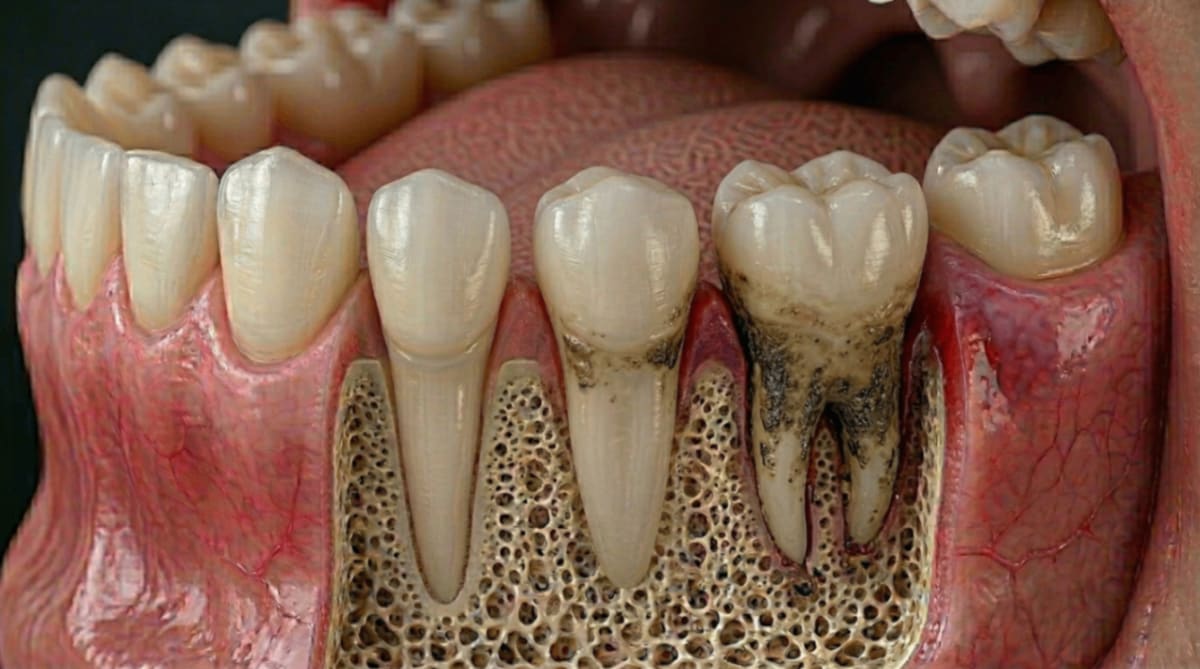 Cross-section of lower front teeth showing bone loss and plaque around the roots in advanced periodontitis