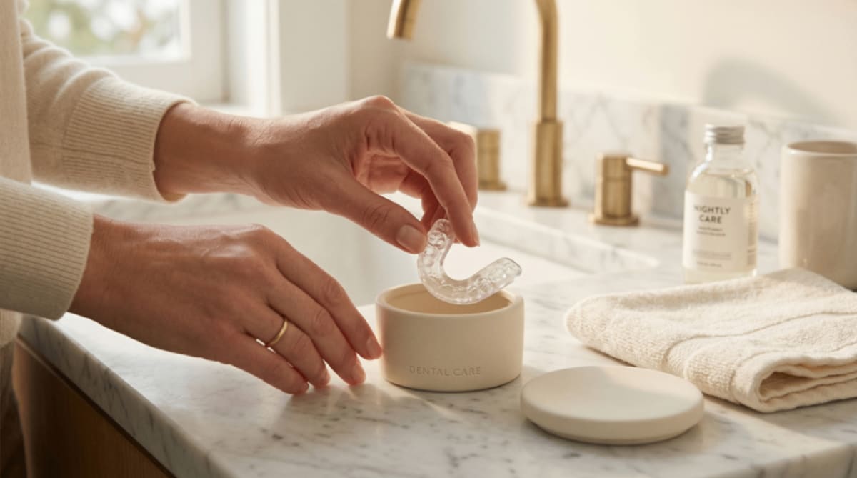 Hands placing a clear dental night guard into its case on a bathroom counter