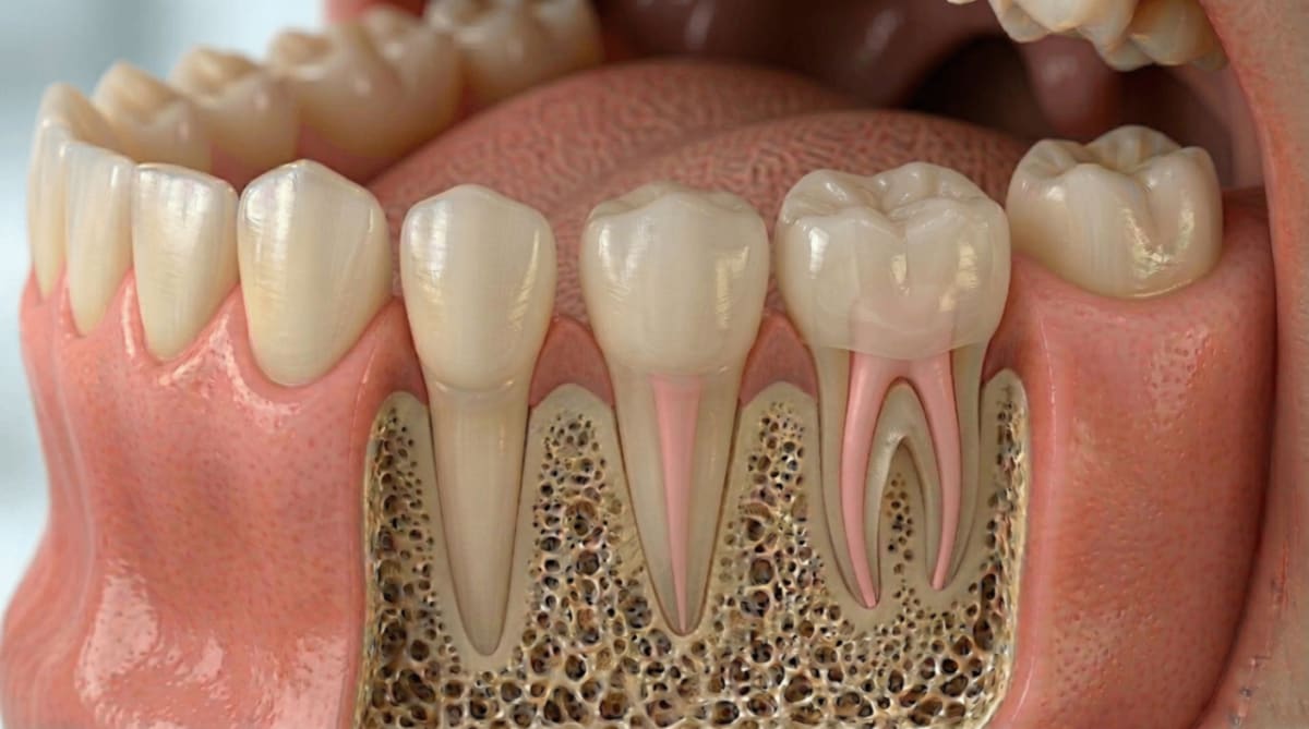 Cross-section illustration of teeth showing the root canals inside the tooth roots