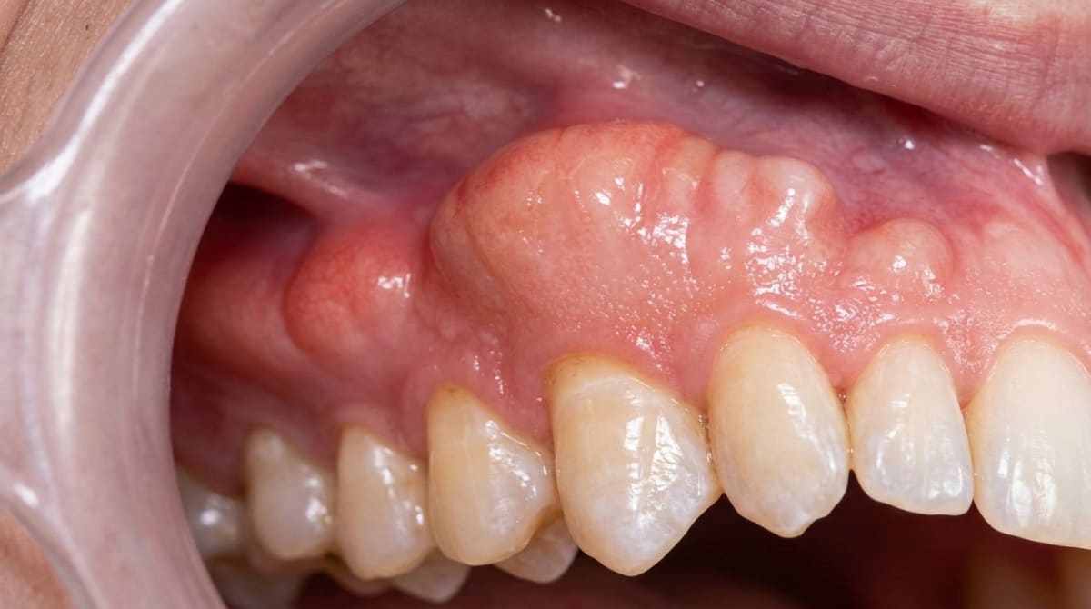 Intra-oral close-up of a buccal torus, a benign bony growth on the outer upper jaw, with a cheek retractor in place