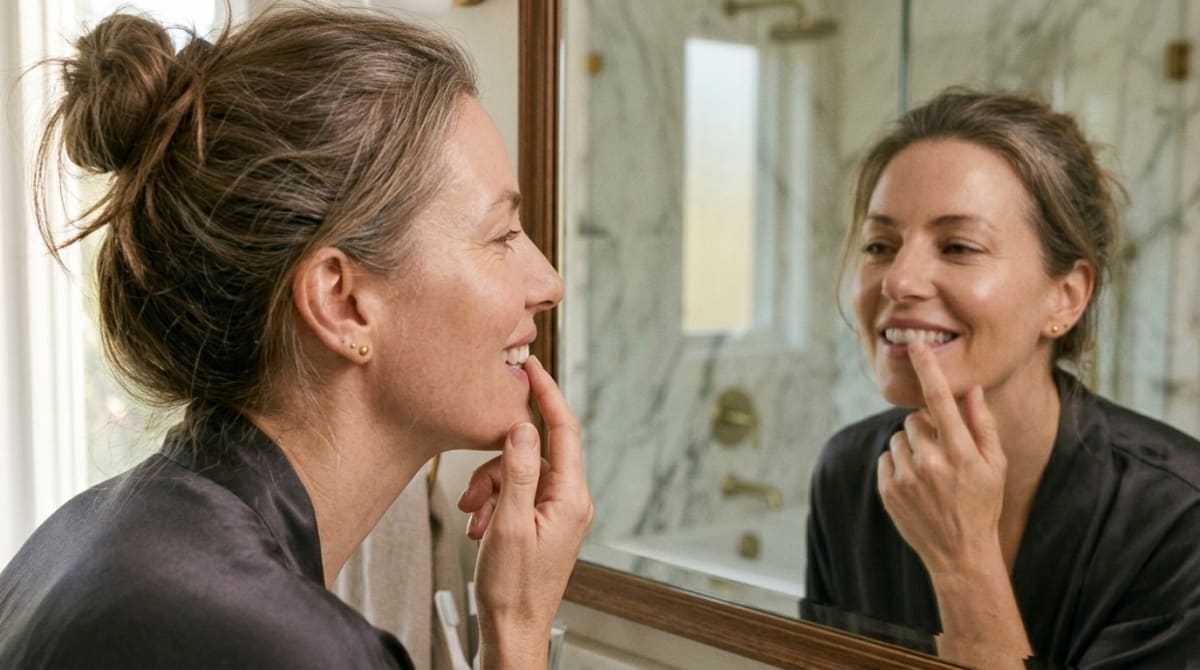 Middle-aged woman examining her teeth and gums in a bathroom mirror, concerned about menopause-related oral changes