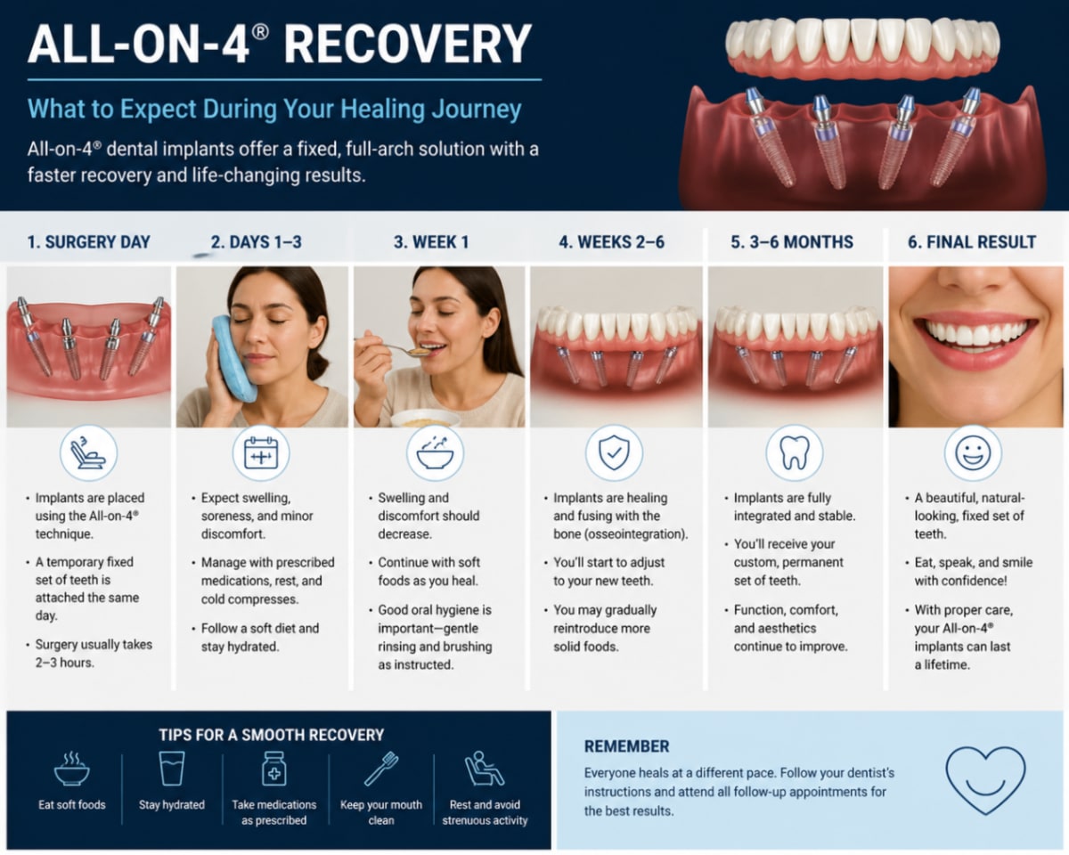 All on 4 dental implant recovery timeline infographic showing healing milestones from day one through full osseointegration