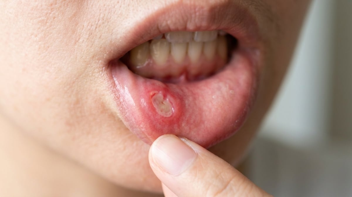 Mouth ulcer on the inner lip — illustration of a common dental symptom from ArtSmiles Gold Coast guide.