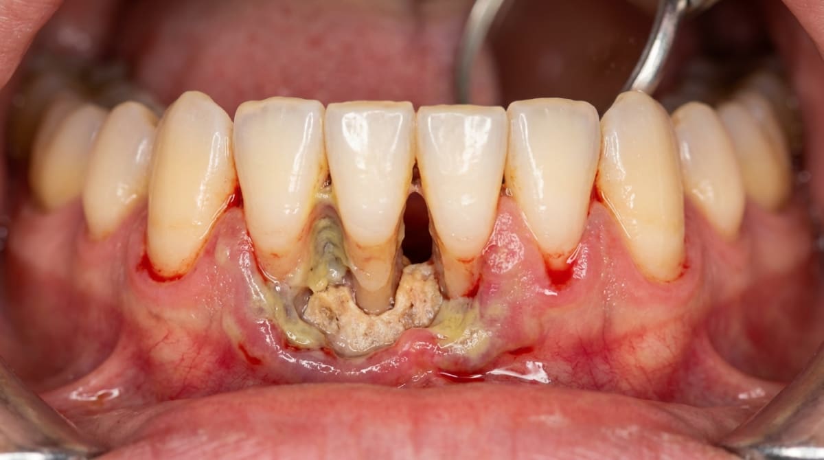 Clinical photo of Necrotising Ulcerative Periodontitis (NUP) showing necrotic papillae, deep craters, inflamed gingiva, and exposed bone.