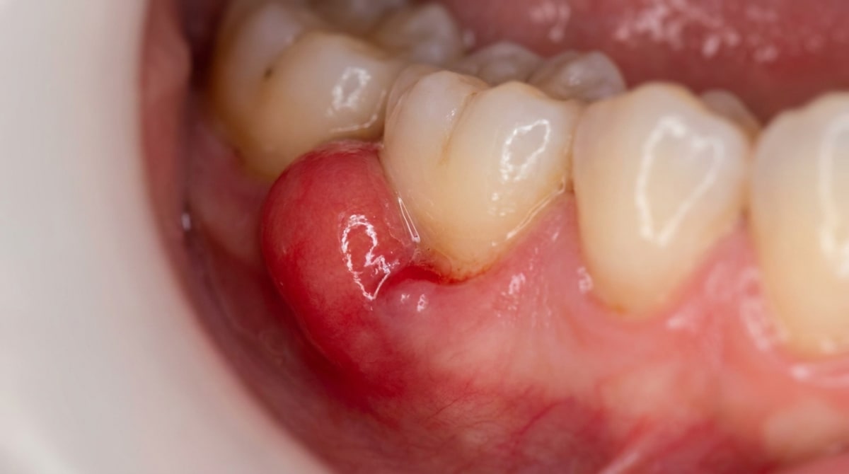 Reddened, swollen gingiva at a tooth's apex, showing a phoenix abscess.