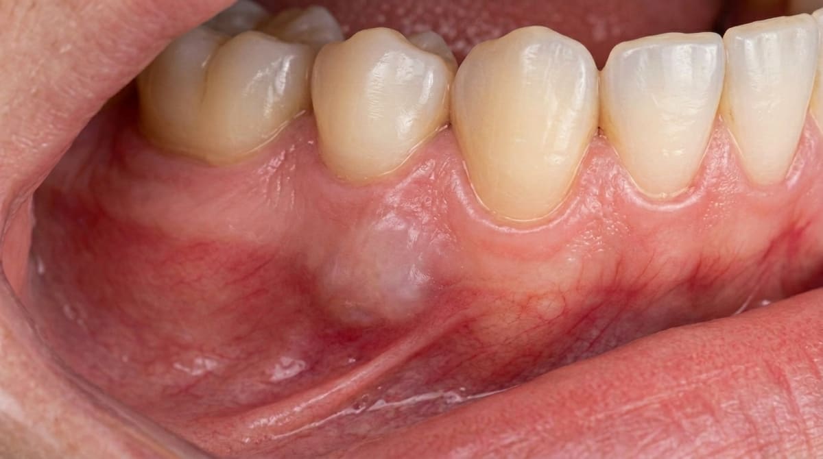 Two-panel photograph: left panel shows multiple small whitish papules on a newborn's alveolar ridge — gingival cysts of the newborn; right panel shows a single bluish dome-shaped swelling on an adult…