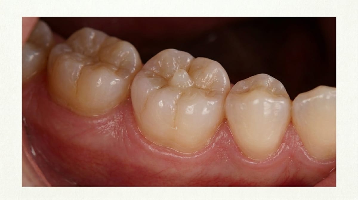 Photograph of a lower premolar showing a small, conical extra cusp on the central groove of the chewing surface — typical dens evaginatus.