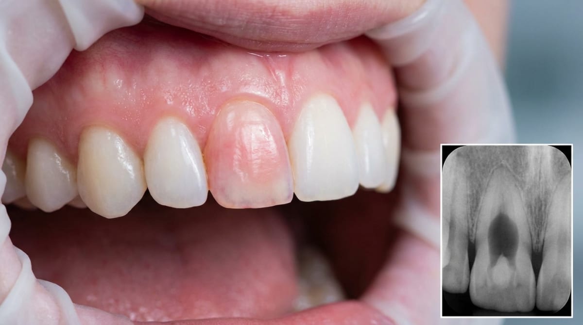 Front-tooth photograph showing the classic pink tooth of Mummery with a pink discoloration in the crown caused by internal resorption near the enamel surface.