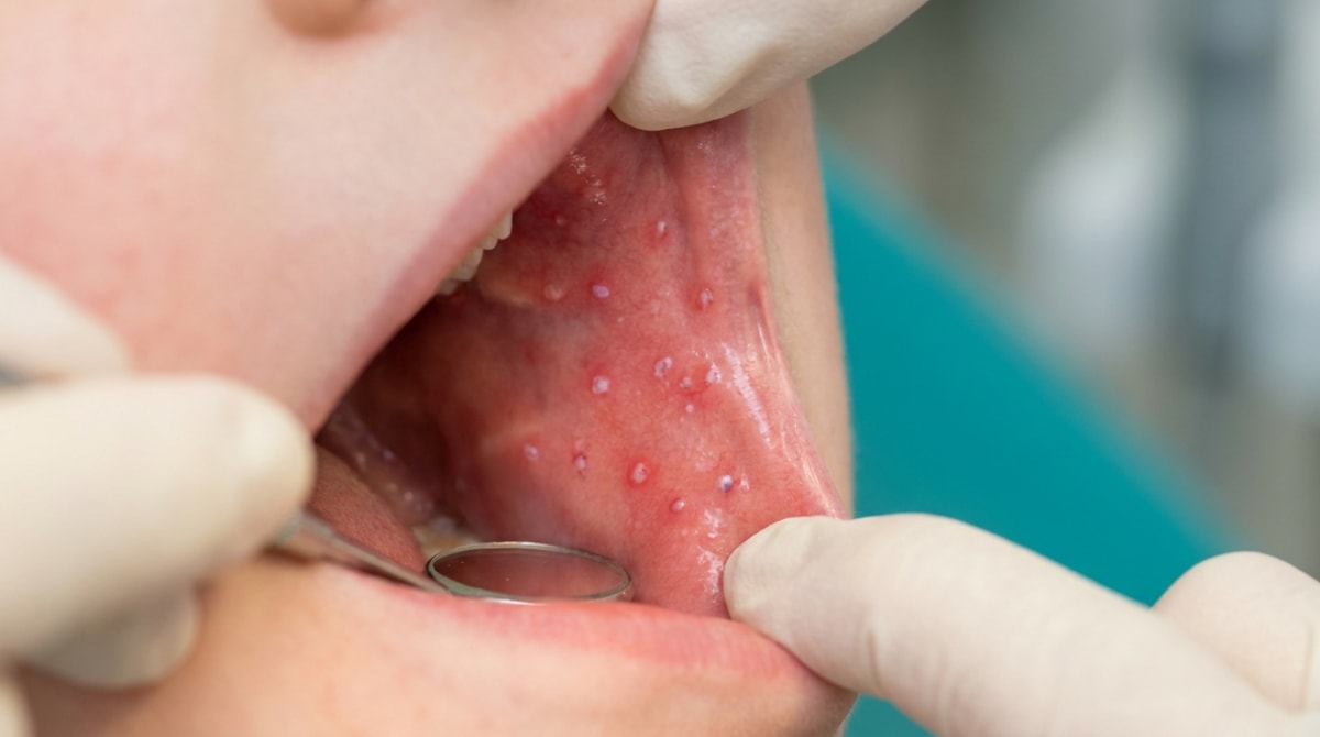 Close-up of a child's inflamed buccal mucosa showing tiny white Koplik spots with red rims, characteristic of early measles.