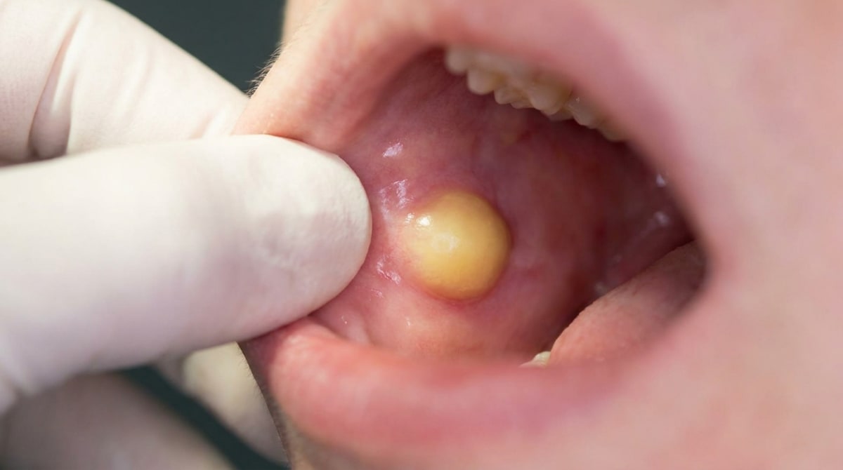 Clinical photo of a soft, well-defined, yellowish lipoma elevating the buccal mucosa, seen under thin, intact tissue.