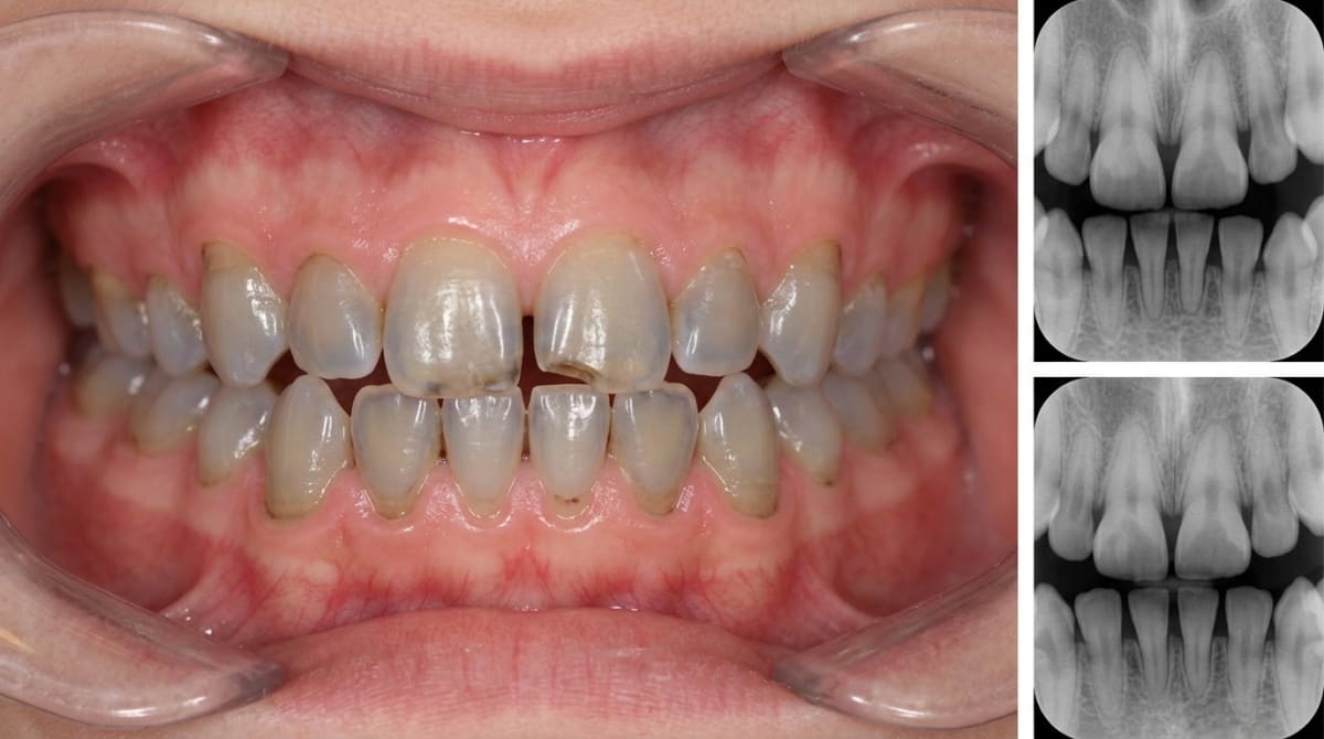 Photograph of a child's dentition with dentinogenesis imperfecta showing diffuse brownish-grey translucence, bulbous crowns and significant attrition of the front teeth.