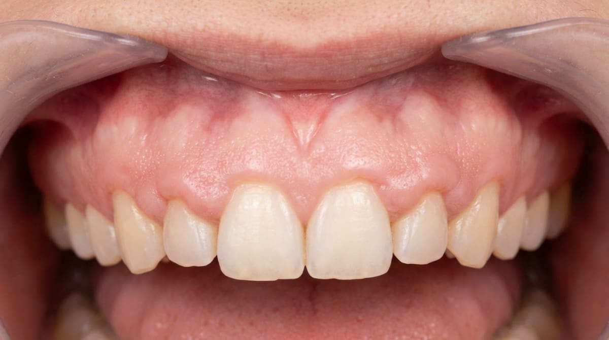 Drug-induced gingival overgrowth: pink, lobulated, hyperplastic gingiva partially obscures the teeth.