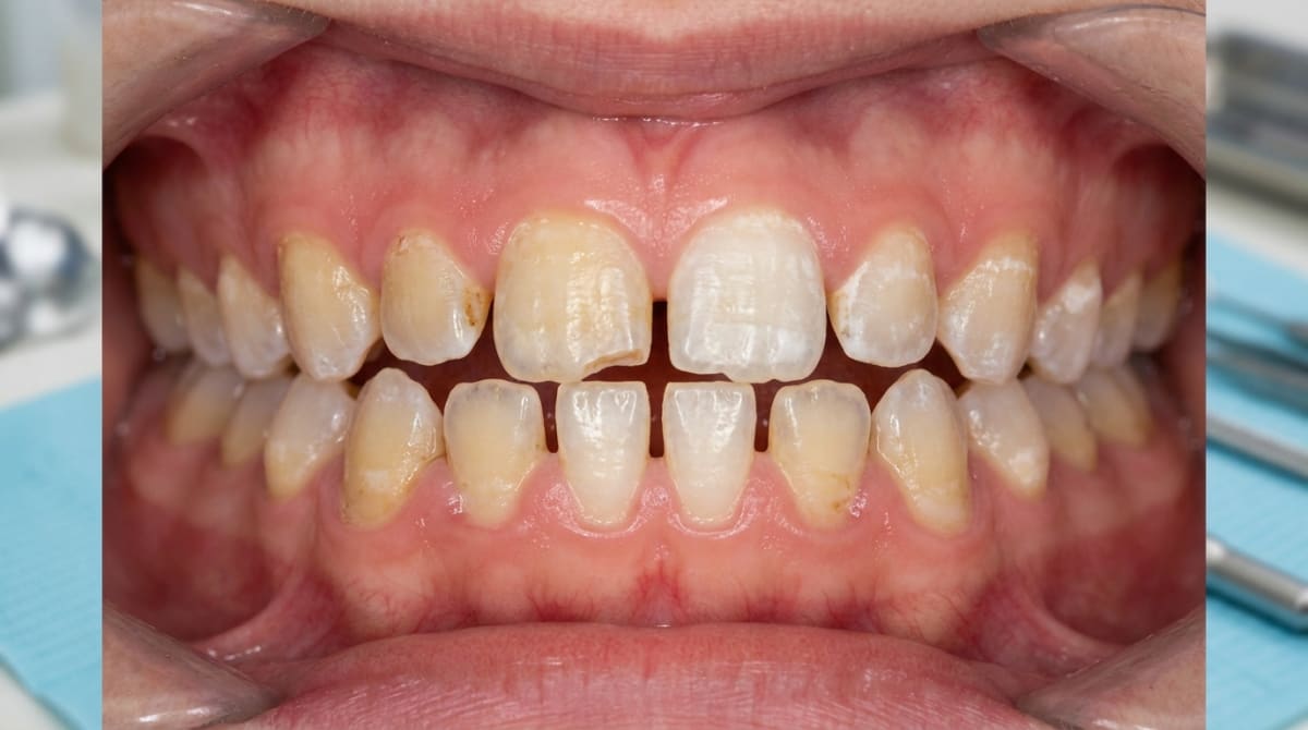 Photograph of an adult dentition with amelogenesis imperfecta showing thin, yellow-brown enamel, open contact points and significant attrition — typical of the generalised hypoplastic variant.