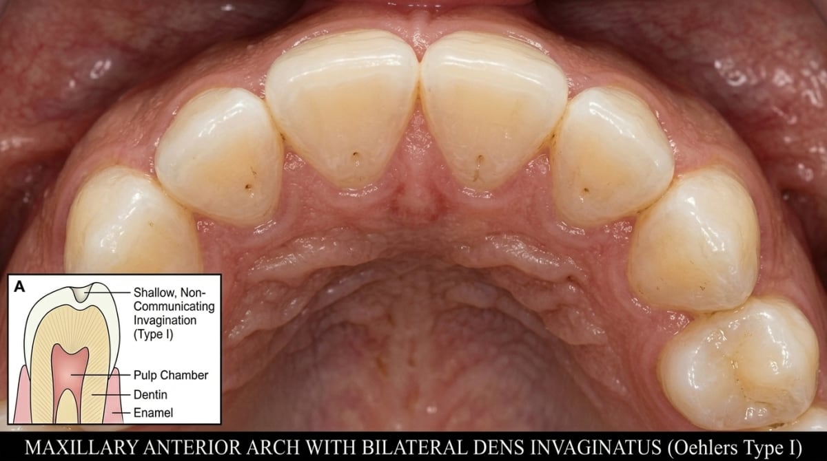Dental X-ray of an upper lateral incisor showing a deep, well-defined invagination of enamel extending from the cingulum down into the root — typical of Type II coronal dens invaginatus.