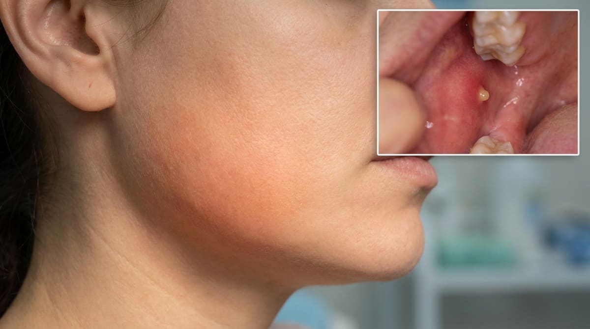 Illustration of one side of the face showing a swollen, red, tender salivary gland with pus visible at the duct opening inside the mouth, typical of acute bacterial sialadenitis.
