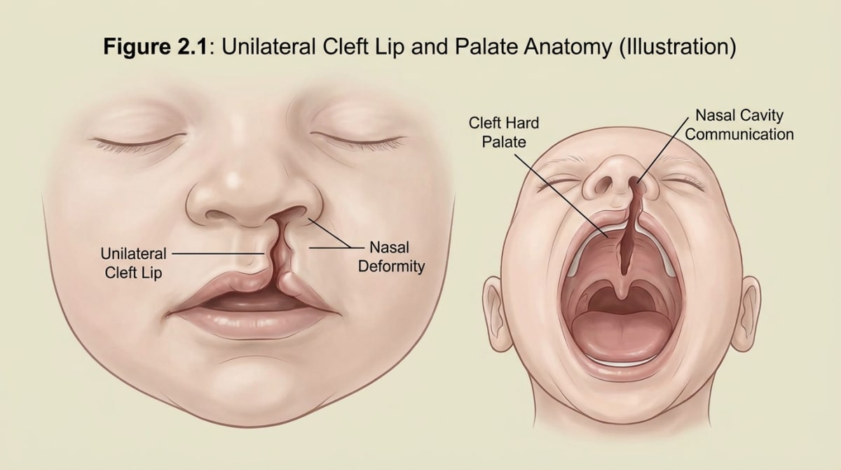 Infant with cleft lip (notched upper lip, nasal deformity) and cleft palate (palate gap connecting to nasal cavity).