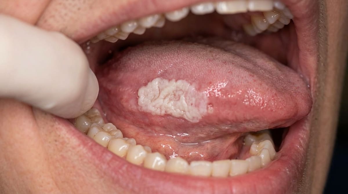 Illustration of the side of the tongue showing a well-demarcated, slightly raised white plaque with a finely rippled surface, typical of homogeneous oral leukoplakia.