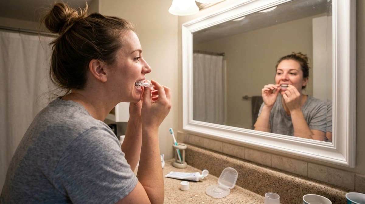 Adult holding a thin, clear custom fluoride tray to be worn overnight as part of the ArtSmiles SmileShield Protocol.
