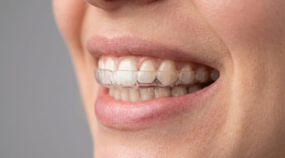 Close-up of an adult wearing a clear custom occlusal splint over the upper teeth to prevent further tooth wear from grinding and clenching.