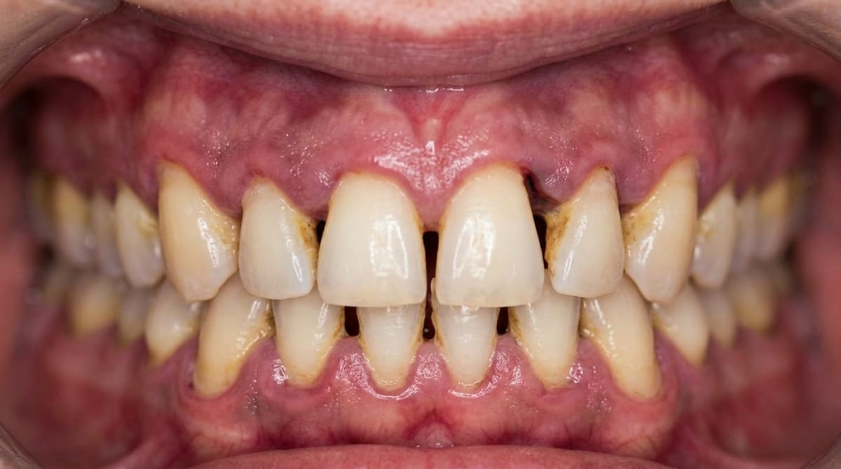 Intraoral close-up of advanced periodontitis showing inflamed, receding gums, exposed root surfaces and visible plaque and tartar along the gum line of the upper and lower front teeth.