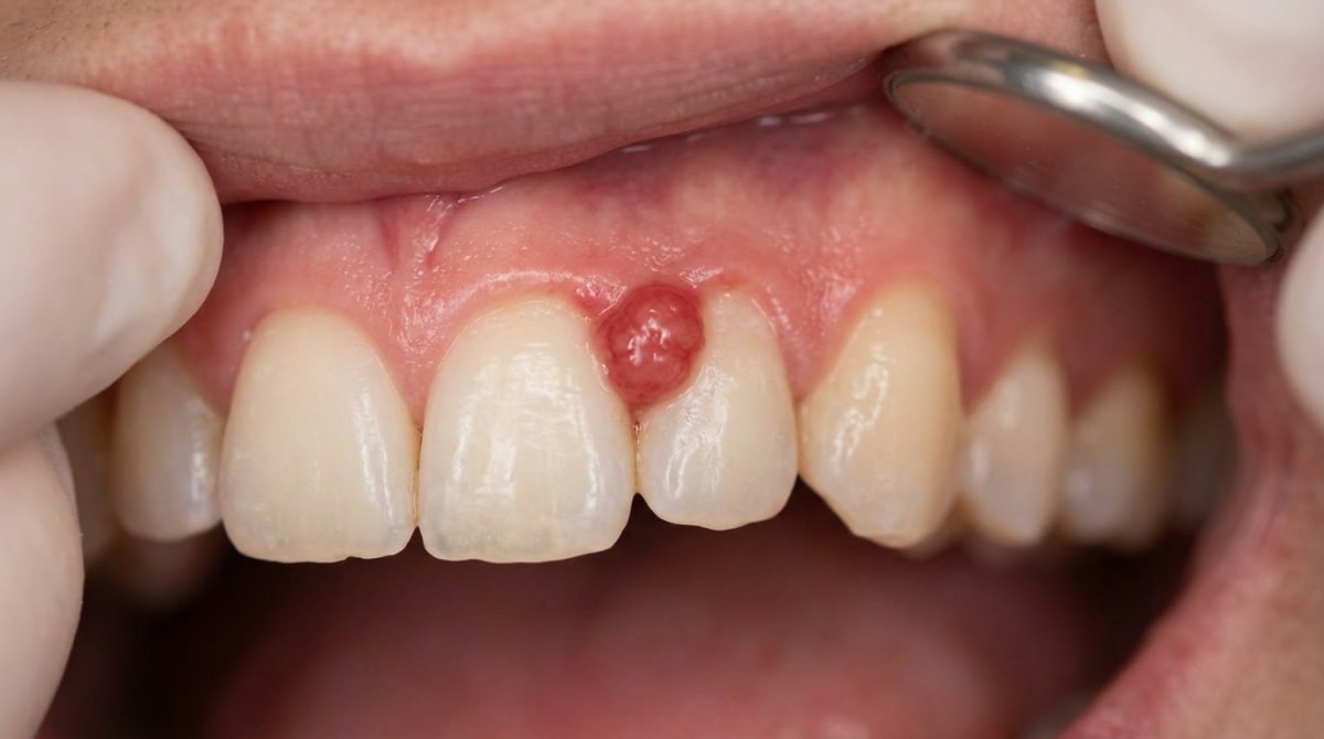 Deep red, lobulated pyogenic granuloma on interdental gingiva, glistening, friable, with mild surrounding inflammation.