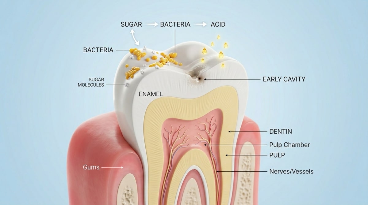 Diagram of a tooth in a process of demineralisation caused by dental caries.