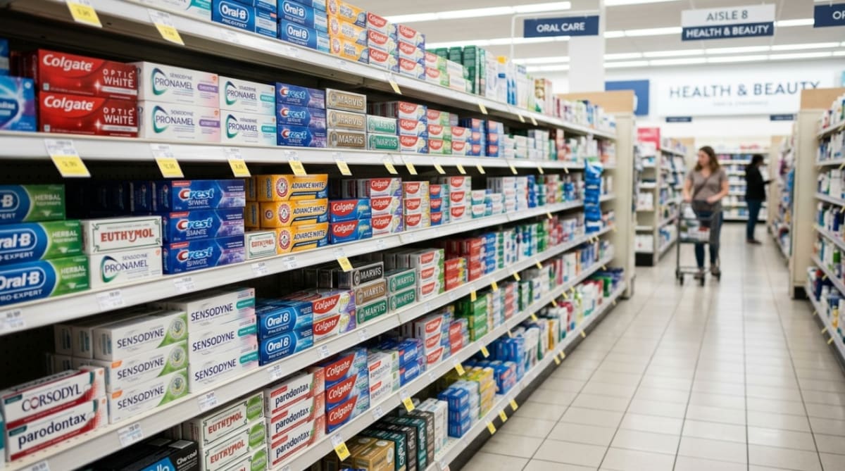 Supermarket oral care aisle lined with shelves of different toothpaste brands under a Health and Beauty sign, with a shopper passing by.