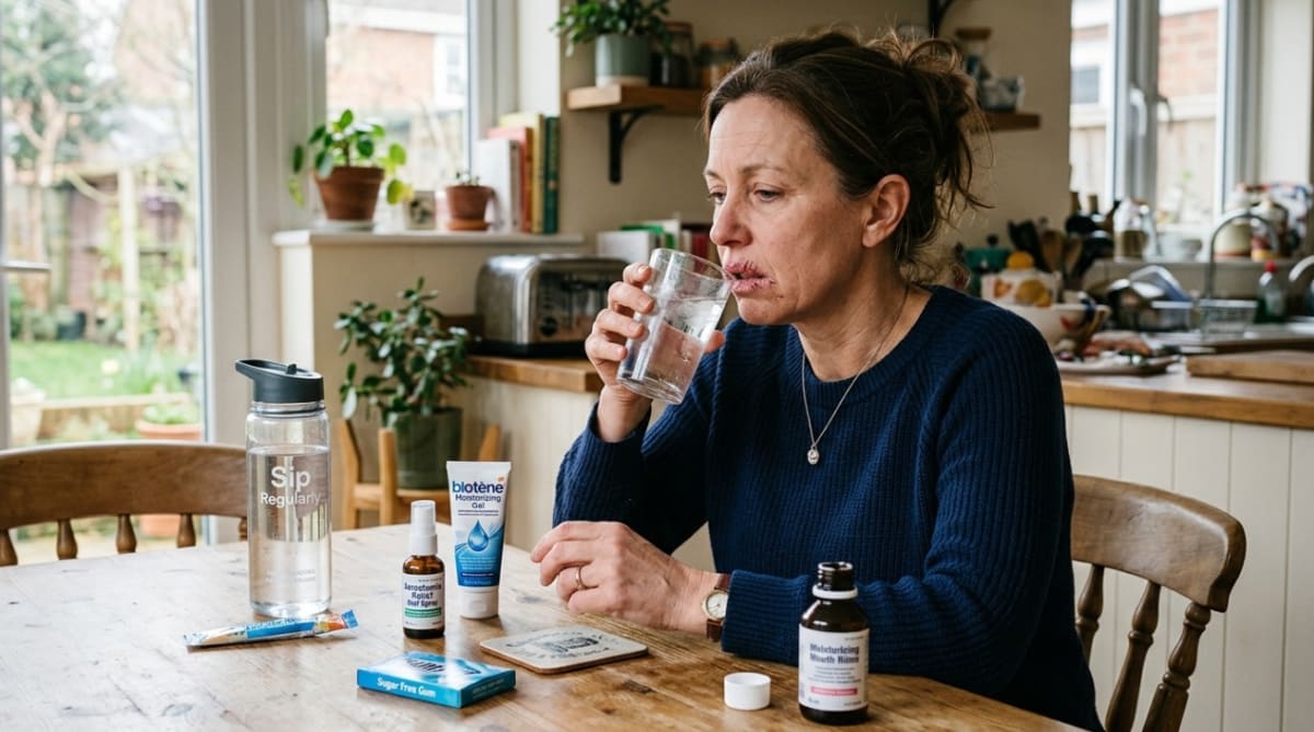 A middle-aged woman sips water at a kitchen table, with a refillable water bottle, sugar-free gum, and saliva-support gels and sprays in front of her.
