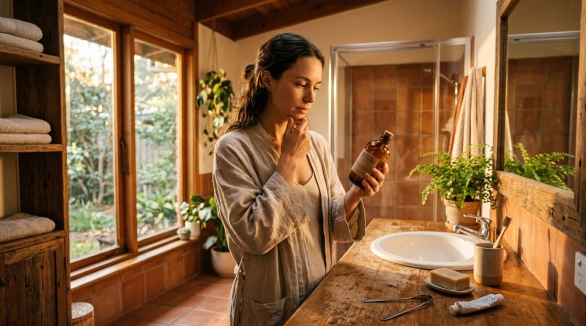 Woman analysing if mouthwash is appropriate for her oral health.