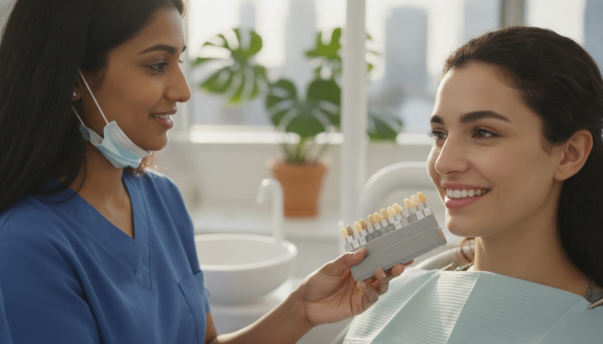 Woman smiling as a dentist considers veneer options in a modern clinic.