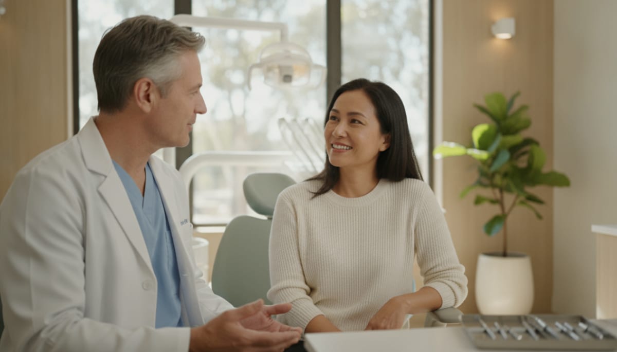 Reassured patient smiling while talking with a dentist about dental implants.