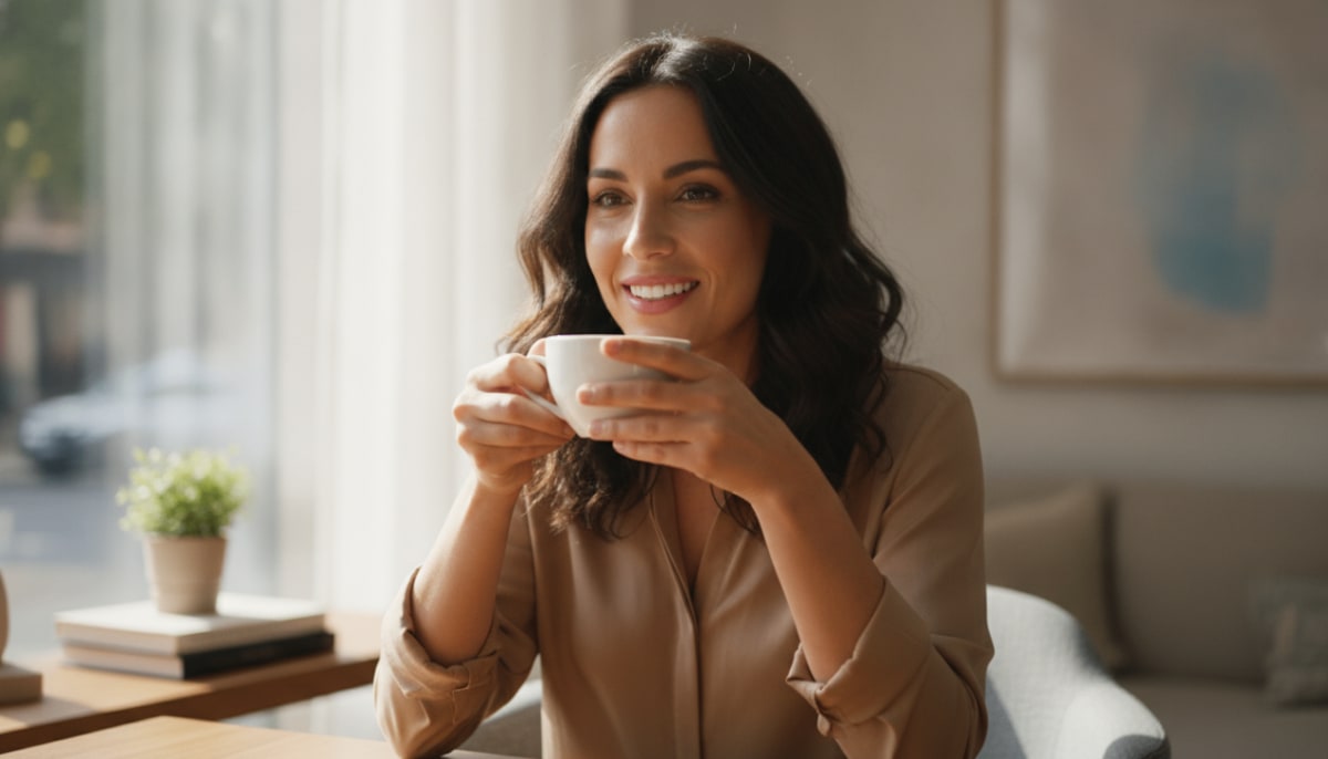 Woman enjoying coffee in a cafe, relevant to whether veneers stain.