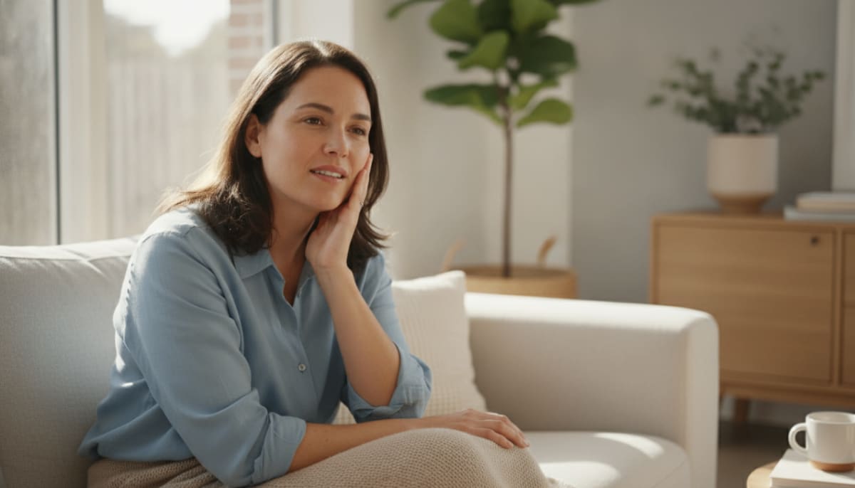 Person resting at home holding their cheek gently after a tooth extraction.