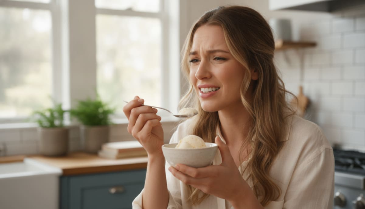 Woman feeling tooth sensitivity while eating ice cream in a bright kitchen.