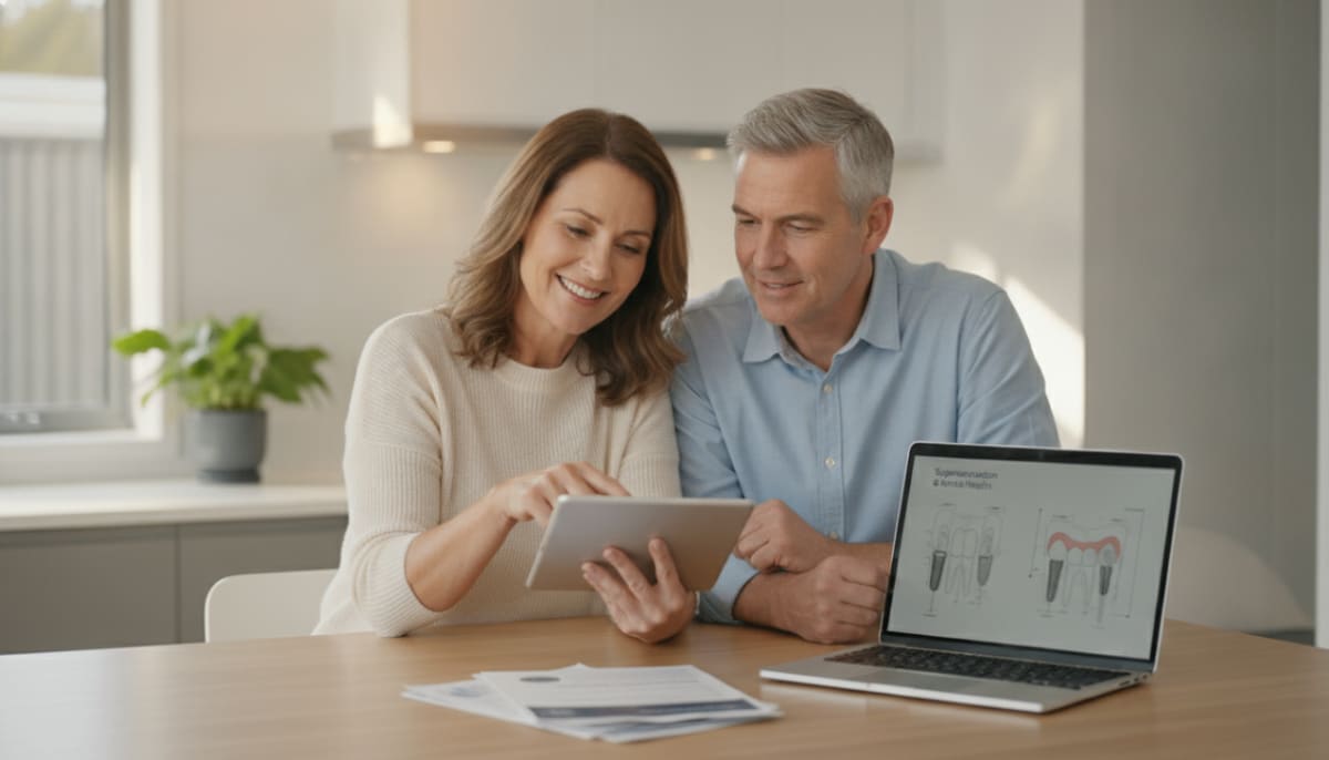 Couple at a kitchen table reviewing finances for dental implant treatment.