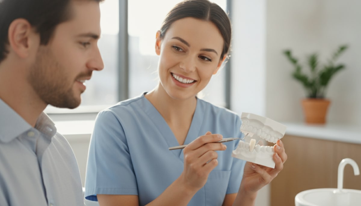 Dentist using a dental model to explain veneers and implant options to a patient.