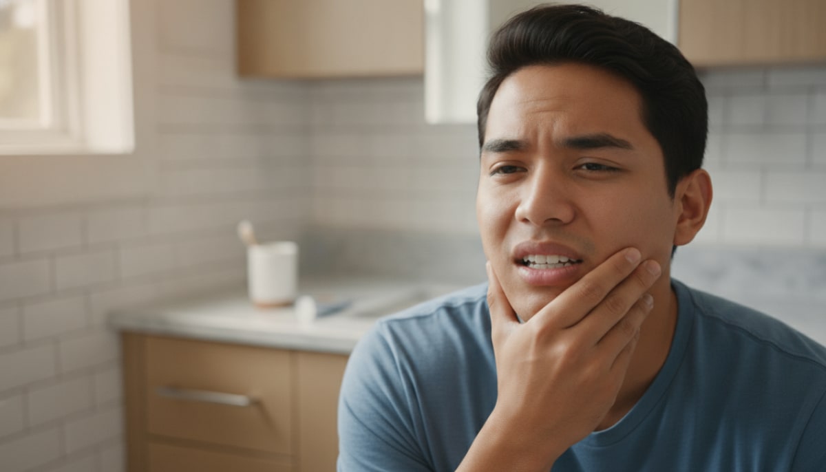 Young man holding his jaw with mild wisdom teeth pain at home.